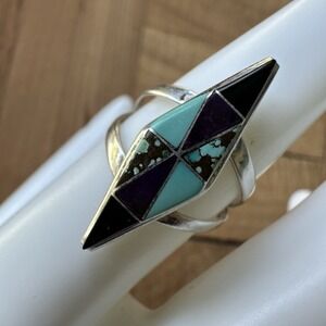 VTG Zuni John CLY Accent Ring Size 7 Turquoise Sugilite Onyx Sterling 2.7g